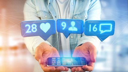 Poster - Businessman using a  smartphone with a Like, Follower and message notification on social network - 3d render
