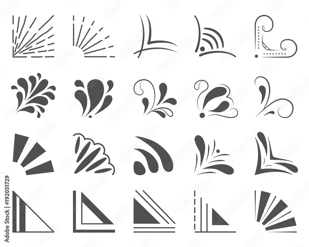 Set of 20 hand drawn corners and design elements. Hand drawn corner set ...