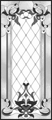 Stained-glass panel in a rectangular frame, abstract floral arrangement of buds and leaves in the art Nouveau style. Decorative design of the window or door. Vector illustration