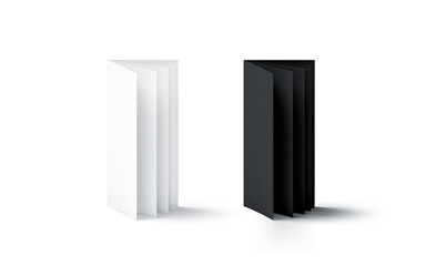 Fototapete - Blank black and white multi-page booklet stand mock up, side view, 3d rendering. Plain twofold brochures mockups set isolated. Folded book cover and flier, copy