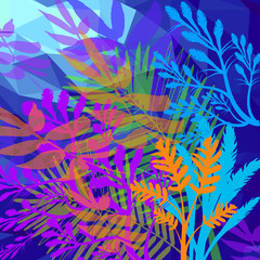 Wall Mural - Electric Neon Bright trending colors with natural jungle leaves and plants and geometric abstract unique art background.