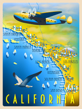 Flight Over The Coast Of California. Retro Poster. Handmade Drawing Vector Illustration.