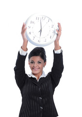 Wall Mural - business concept.business woman holding a big clock.