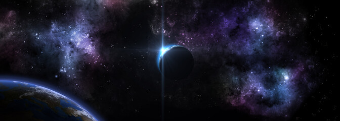 starry sunrise over the planet in the background of space