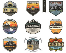 Set Of Vintage Hand Drawn Travel Badges. Camping Labels Concepts. Mountain Expedition Logo Designs. Travel Badges. Camp Logotypes Collection. Stock Vector Patches Isolated On White Background