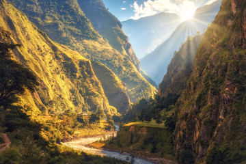 Wall Mural - colorful landscape with high himalayan mountains, beautiful curving river, green forest, blue sky wi