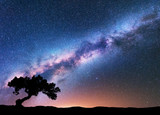 Fototapeta Na sufit - Milky Way with alone old crooked tree on the hill. Colorful night landscape with bright milky way, starry sky, tree, yellow light in summer. Space background. Galaxy. Beautiful universe. Travel