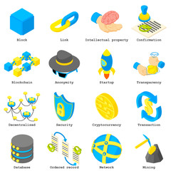 Poster - Blockchain crypto money icons set, isometric style
