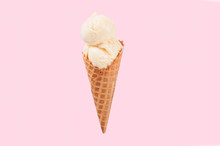 Vanilla Ice Cream Cone On White Background.