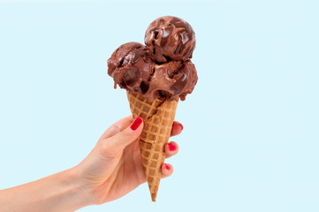 Chocolate  ice cream cone on white background.