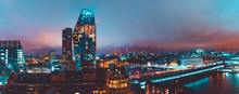 Panoramic Overview Of London Landscape With Skyscrapers And Blackfriars Bridge At Night
