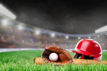 Wall Mural - Outdoor Baseball Stadium With Helmet, Bat, Glove and Ball