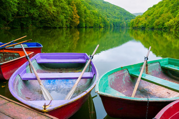 Wall Mural - Boats at the lake Hamori in Hungary