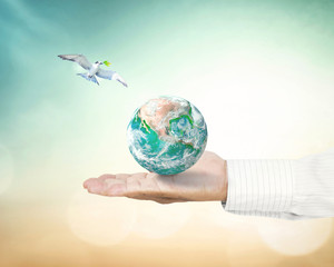 Poster - World environment day concept: Bird flying and earth globe in human hands on blurred beautiful nature background. Elements of this image furnished by NASA