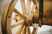 Wooden Wheel Of Ancient Peasant Wagon Close Up View