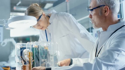 Wall Mural - two computer scientists choose between printed circuit board to work with. in the background technol
