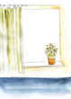 Window frame with a window sill, flower in a pot and curtain. Light watercolor sketch. hand-drawn