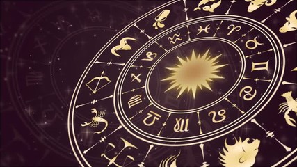 horoscope wheel, zodiac circle on the dark background with glowing particles