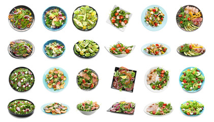Wall Mural - Set of different tasty salads on white background
