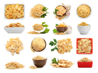 Poster - Set with dried garlic on white background