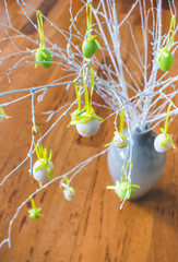 Wall Mural - View of a gray vase with white painted birch branches decorated with easter eggs ornaments against wooden background. Easter home decoration  concept