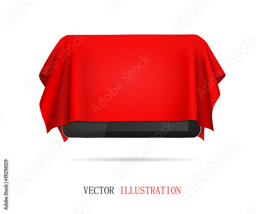 Cuadros en Lienzo Tablet covered red cloth, presentation of new tablet, gift.