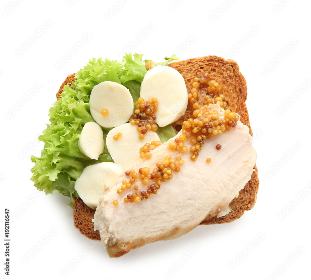 Tasty chicken bruschetta on white background