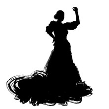 Woman In Long Dress Stay In Dancing Pose. Flamenco Dancer Spanish Regions Of Andalusia, Extremadura Murcia. Black Silhouette Isolated On White Background Brush Outline Sketch. Vector
