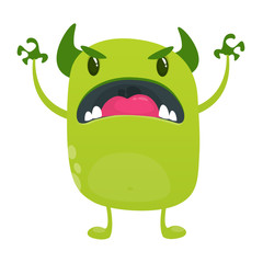 Angry cartoon green alien monster. Big collection of cute monsters for Halloween. Vector illustration.