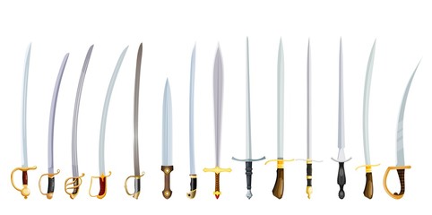 Vector illustration of an old weapon on a white background. Vintage swords with hilts, color image of bladed weapons