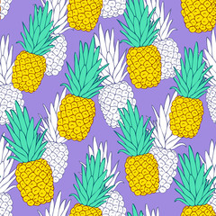 Colorful pineapple vector seamless pattern for kitchen design, wallpapers, fabrics, textiles, covers, wrappings, etc. Lavender background.