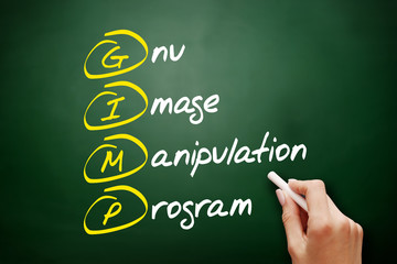 Aufkleber - GIMP - Gnu Image Manipulation Program acronym, concept on blackboard