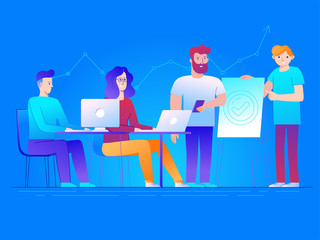 Poster - Vector illustration in line flat style and gradient colors - teamwork and business concept