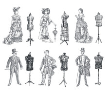 Ladies And Gentlemen Body Vintage Mannequin Set. Vintage Tailor's Dummy For Body And Antique Dressed Men And Women. Fashion And Clothes. Human Figure Collection Retro Illustration, Engraving Style