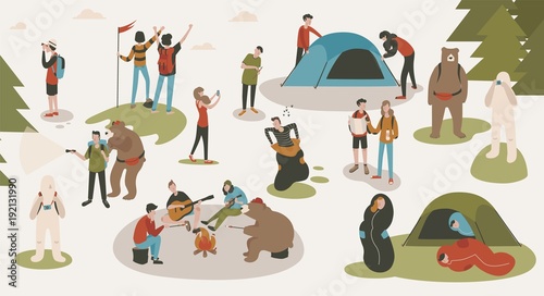 Fotomural Set of tourists or backpackers pitching tent, hiking, sitting around bonfire, singing songs and playing guitars at camping or forest camp