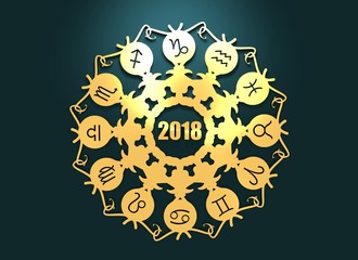 Wall Mural - Astrological symbols in the circle. Decorative ornanet. 3D rendering. 2018 year number