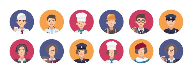 Aufkleber - Collection of portraits of smiling people of various professions. Set of cute male and female cartoon characters of different occupation inside round frames. Flat colorful vector illustration.