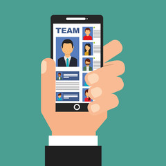 Sticker - hand holding smartphone with team in screen people vector illustration