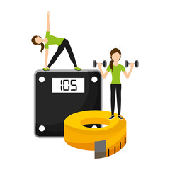 Sticker - athletic women sport with weight scale and tape measuring vector illustration