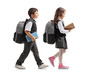 Full length profile shot a schoolboy and a schoolgirl with backpacks and books walking