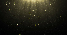 Abstract Gold Glitter Particles Background With Shining Stars Falling Down And Light Flare Or Glare Overlay Effect Above For Luxury Premium Product Design Template Backdrop. Magic Light Radiance