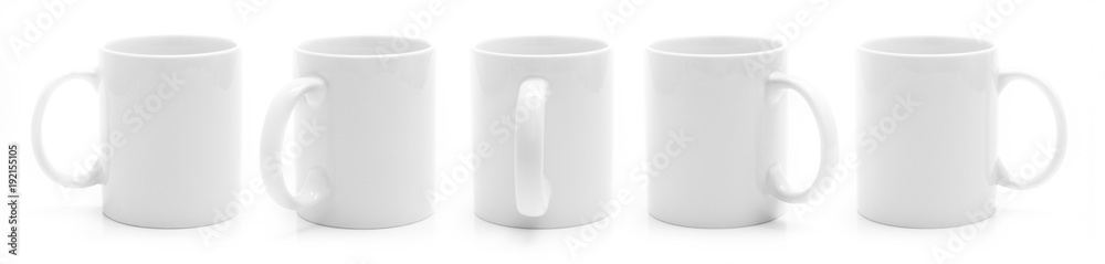 Set of different views of white cup isiolated on a white background - obrazy, fototapety, plakaty 