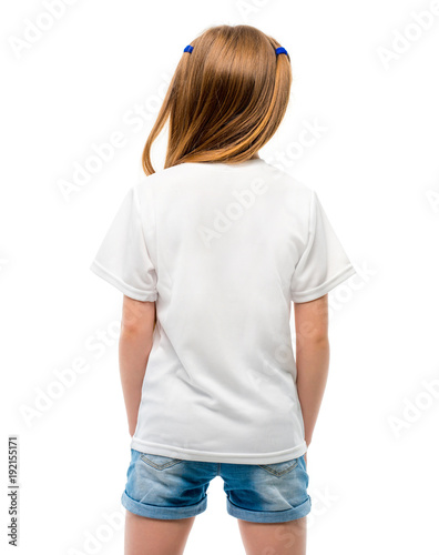 Little girl in white blank t-shirt prepared for your logo on white background, b Poster