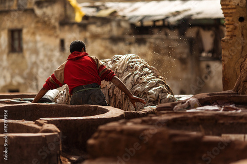 Fotomural Man working hard on a tennery in Fez town of Morocco