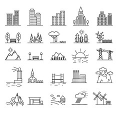 Poster - urban scenery elements black thin line icon set. vector