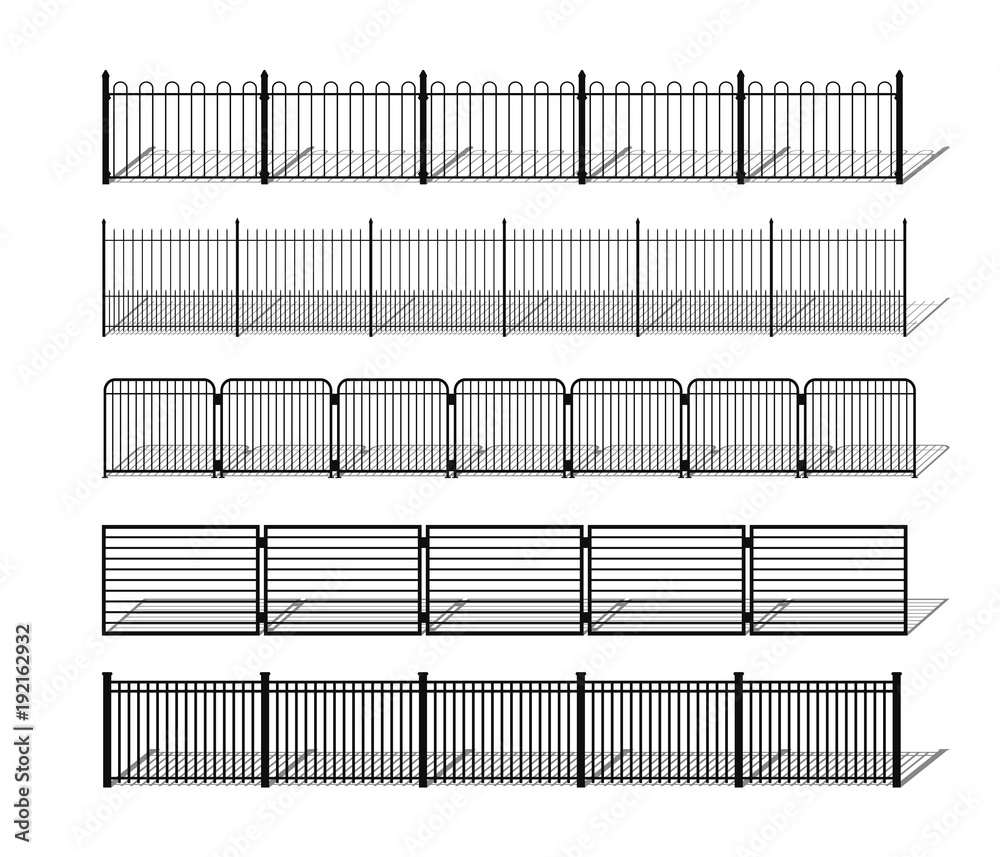 Various simple metal, wrought iron or steel fence silhouettes with shadows.  Horizontally seamless modular metal fencing design elements. Vector pattern  brushes with ending tiles included. Stock Vector | Adobe Stock, image size:1000x857