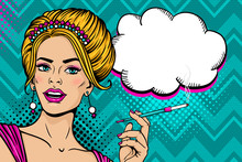 Wow Female Face. Sexy Young Blonde Woman In Festive Dress And Tiara Holding Cigarette And Empty Speech Bubble. Vector Colorful Background In Pop Art Retro Comic Style. Party Invitation Poster.