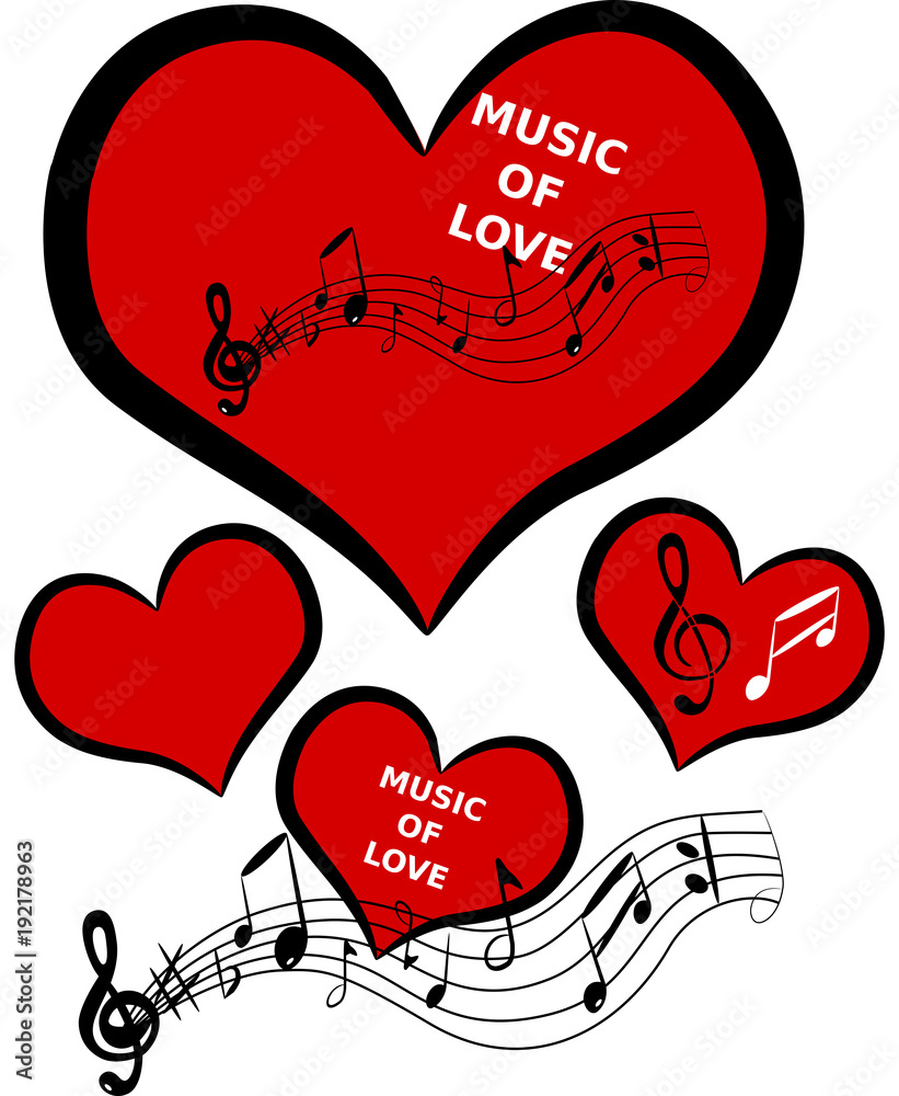 Muzyka miłości kilka serc czerwono czarnych z białymi napisami . Nuty pięciolinia .
Jing Jang  - obrazy, fototapety, plakaty 