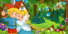 Cartoon Scene With Happy Married Couple Standing And Smiling In The Forest Near The Cottage - Illustration For Children