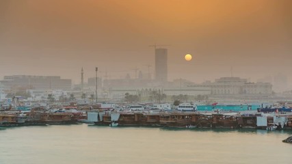 Poster - Sunset at Doha Bay timelapse with Traditional Wooden Dhow Fishing Boats.